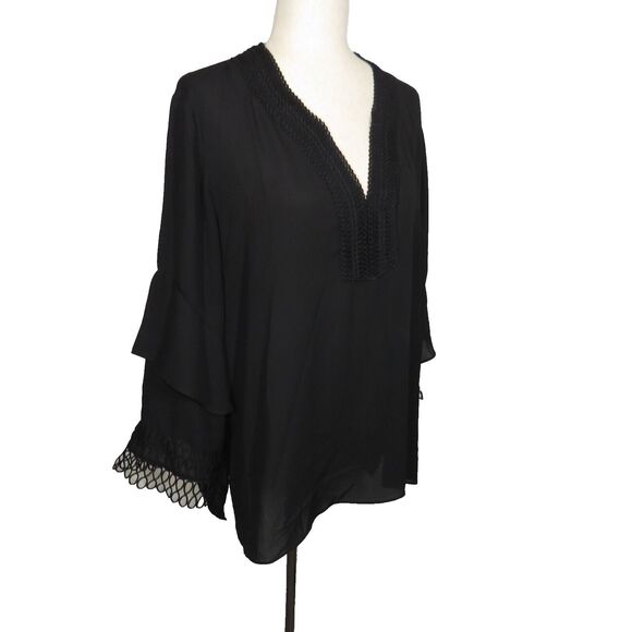 Sioni Black Georgette Flowy Crochet Trimmed V Neck Blouse Size XL - Picture 5 of 7